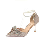 Rhinestone Bow Pointy Hollow Pearl Heels - DanaFashionstore