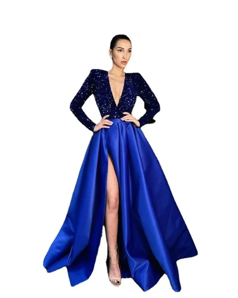Women's Long Sleeve Sequin V-neck Sequins Evening Dress - DanaFashionstore