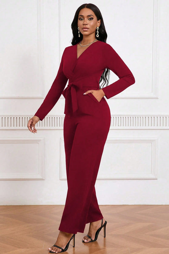 Simple And Stylish, Elegant Commuting Jumpsuit, Long Sleeve Straight Jumpsuit, V-neck, Cross Pleated, Tie-up Casual Jumpsuit, For Everyday Wear.