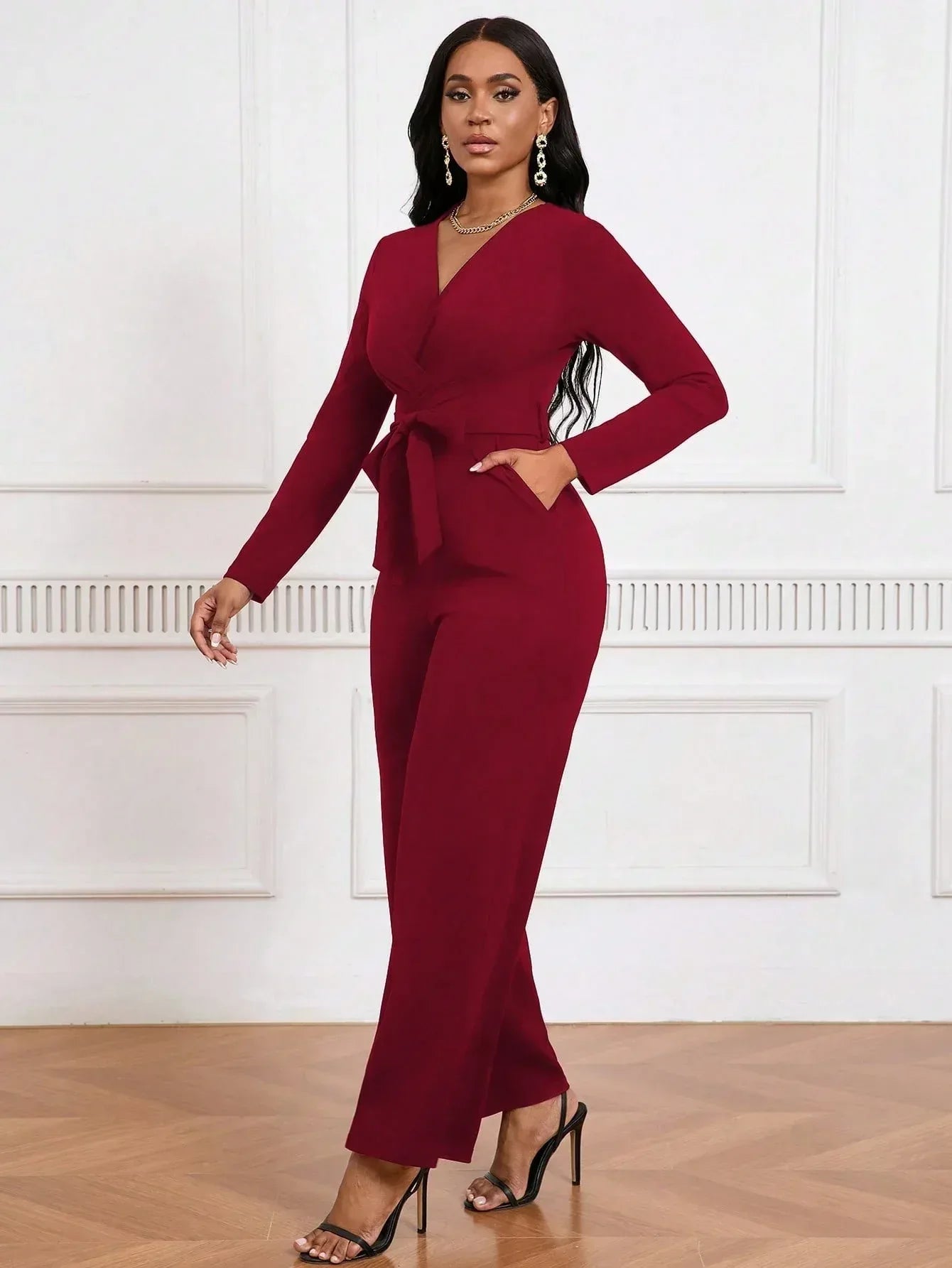 Elegant V-Neck Commuting Jumpsuit 2026 - Long Sleeve Straight Jumpsuit - DanaFashionstore