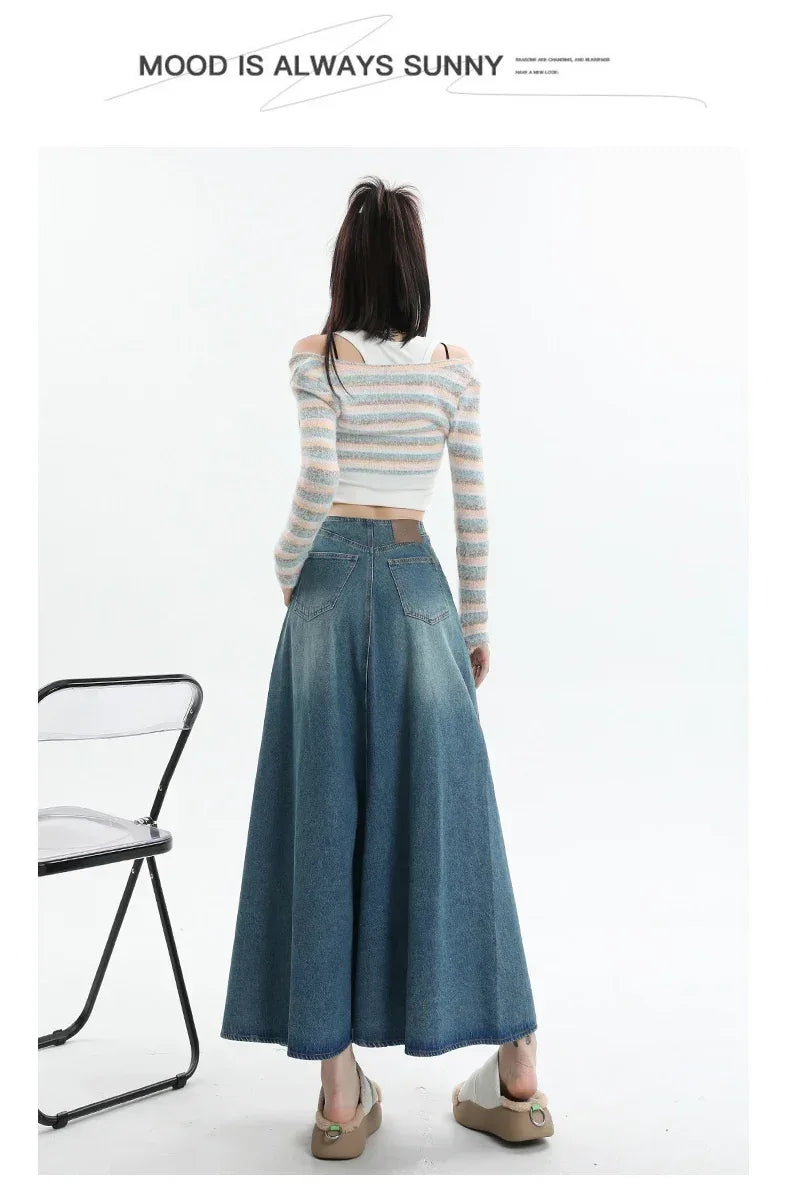 American Style Retro Big Swing Denim Spring New High Waist A- Line Slimming Mid-length Skirt - DanaFashionstore