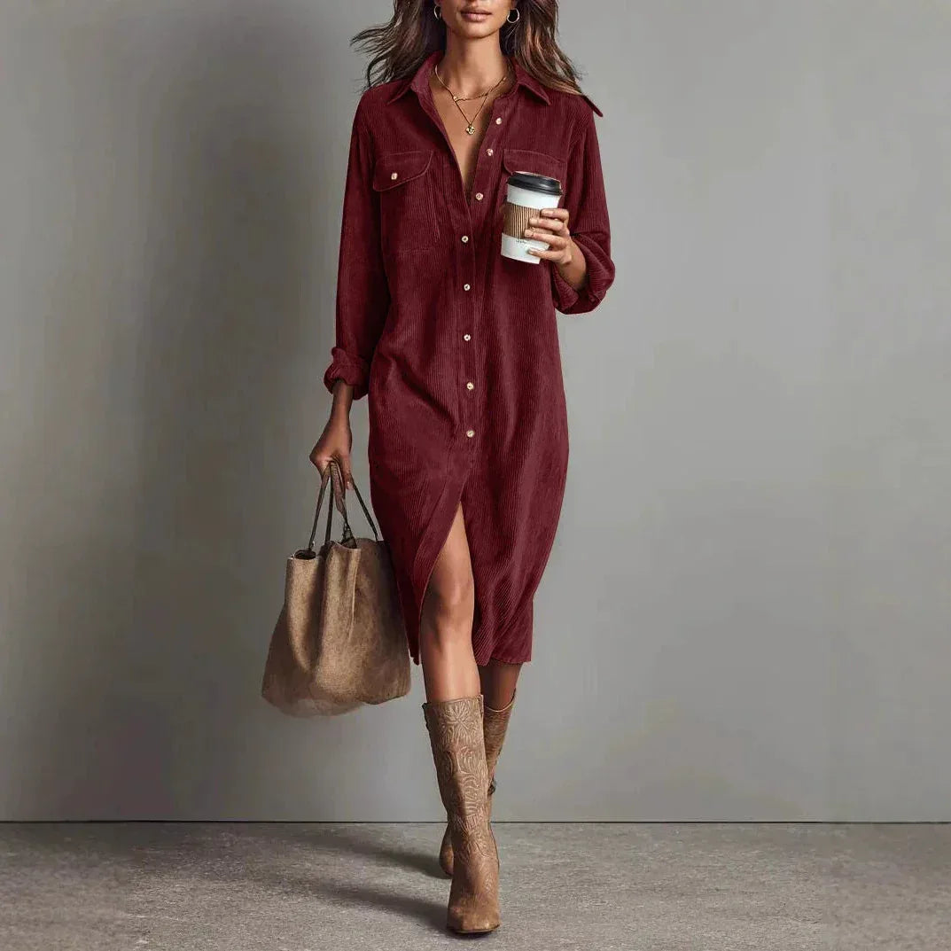 Turn-Down Collar Buttons Chic Casual Dress, Women Spring Autumn Solid Simple Party Dress, Long Sleeve Holiday Ladies Dress - DanaFashionstore