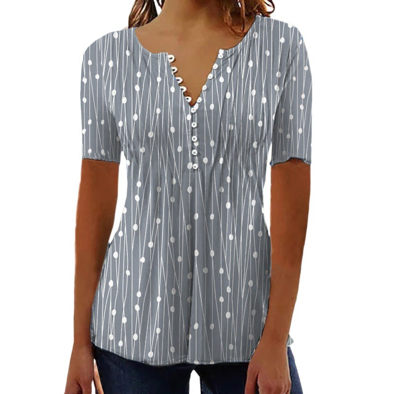 European And American Spring And Summer V-collar Polka Dot Short Sleeve
