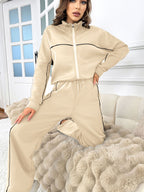 Women's Casual Long-sleeved Half Turtleneck Cardigan Sweater Lace-up Striped Trousers