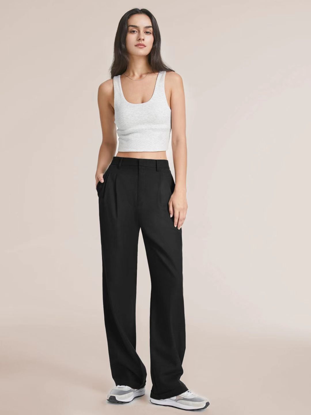High Waist Straight Trousers With Pockets Wide Leg Casual Pants For Women