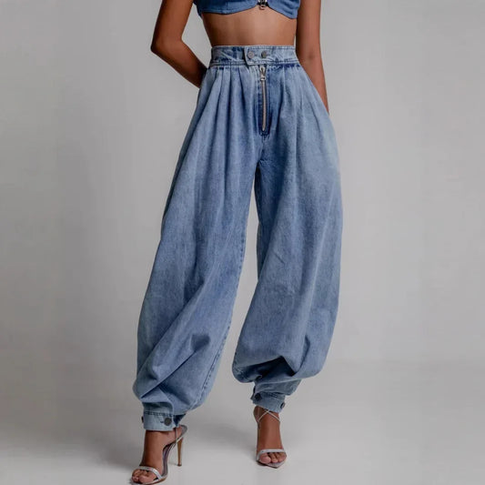 High Waist Zipper Denim Loose Harem Pants - DanaFashionstore