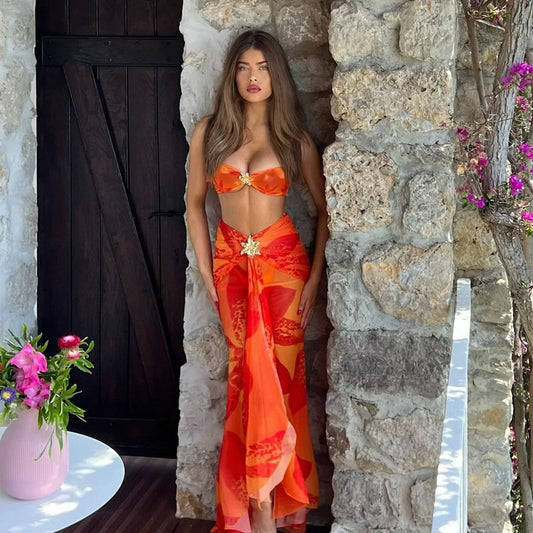 Starfish-Decorated Two-Piece Long Skirt Sexy Bikini Three-Piece Set