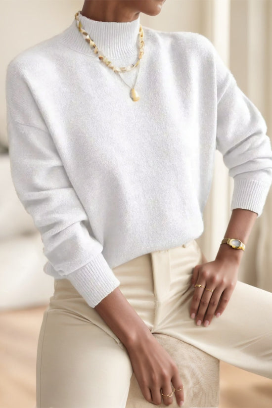 A Solid-color Long-sleeved Top With A High Neckline For Ladies