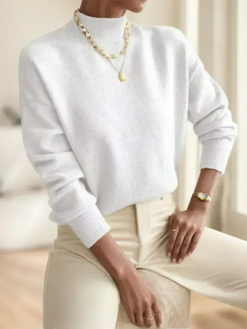 A Solid-color Long-sleeved Top With A High Neckline For Ladies - DanaFashionstore