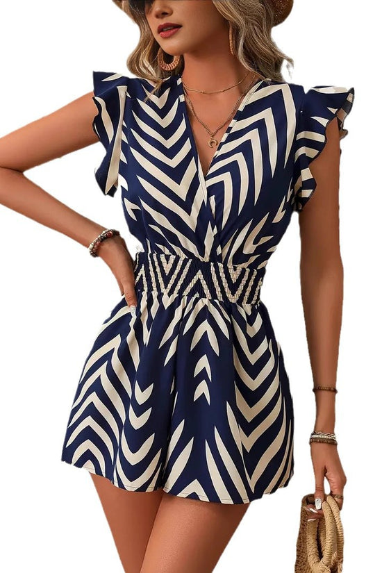 European And American Printed Overalls Women's V-neck Sleeveless Jumpsuit