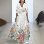 Printed Long Sleeved V-neck Patchwork Dress