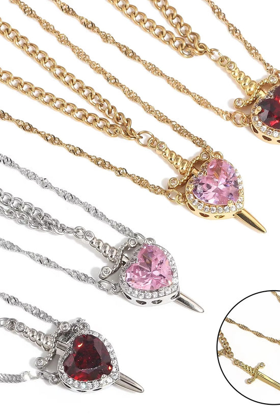 New Heart And Sword Necklace Set Gold Color Stainless Steel Crystal Couple Necklaces For Women Men Boyfriend Girlfriend Gifts