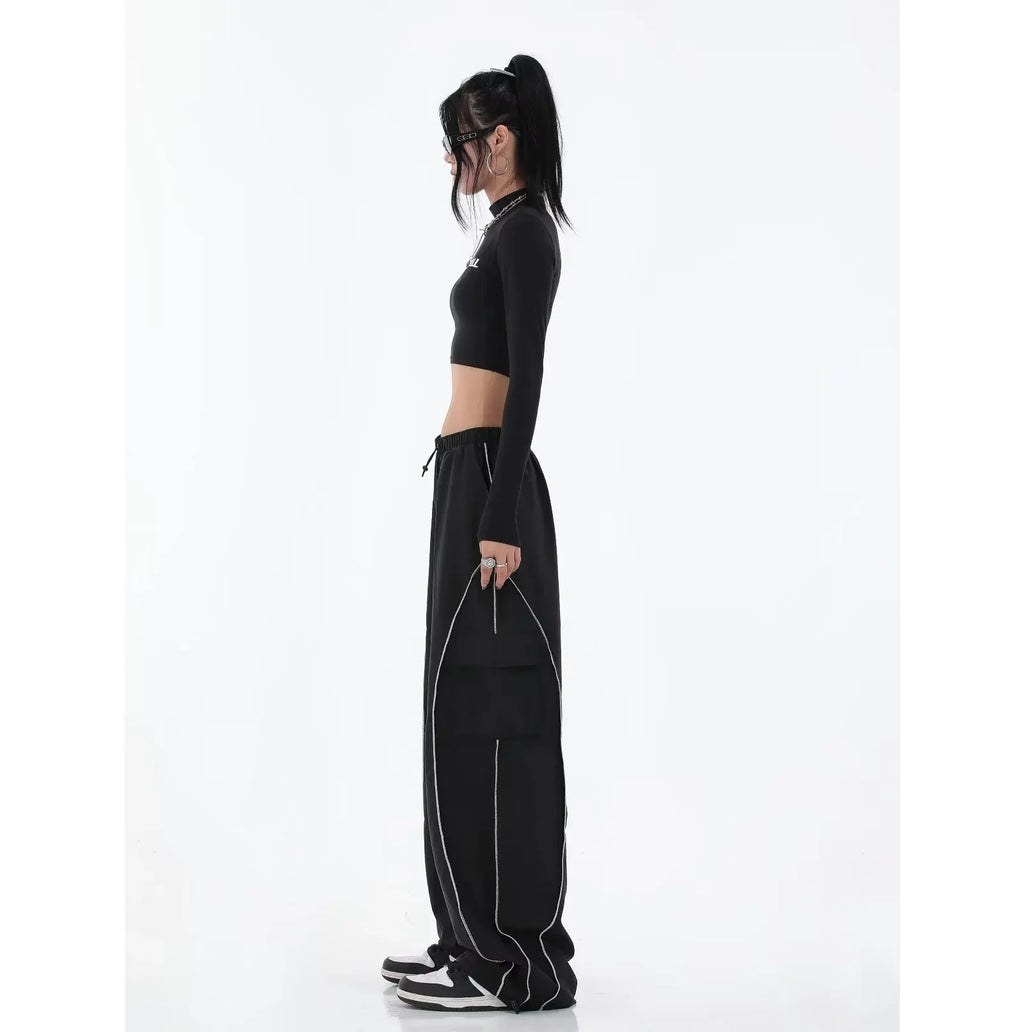Black Mechanical Style Loose Retro Design Low Waist Casual Pants For Women - DanaFashionstore