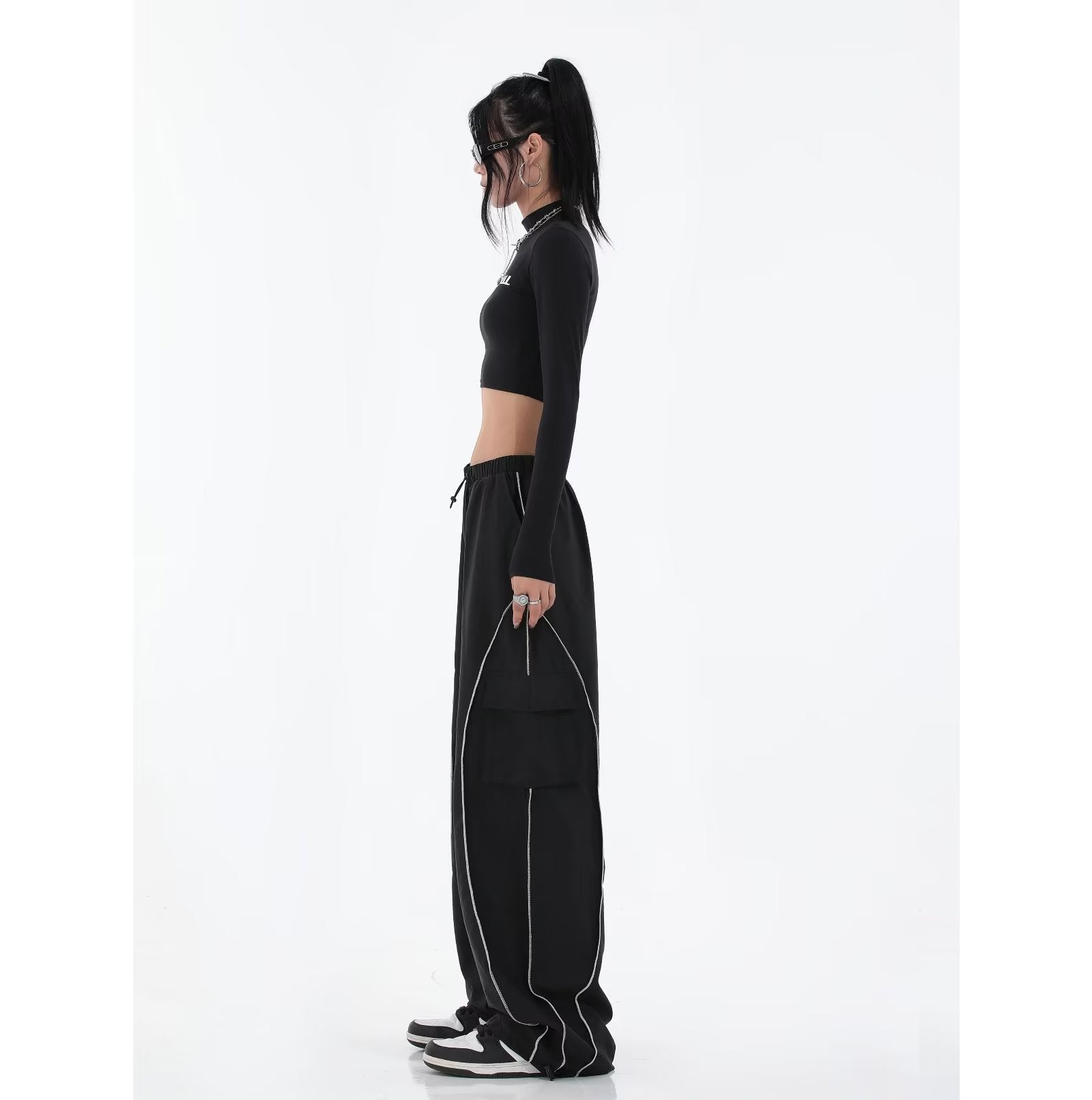 Black Mechanical Style Loose Retro Design Low Waist Casual Pants For Women