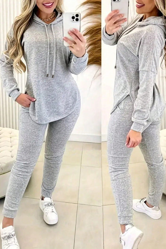 2pcs Set Women Solid Color Drawstring Hooded Long Sleeve Top And Pants Casual Suit