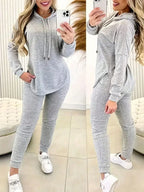 2pcs Set Women Solid Color Drawstring Hooded Long Sleeve Top And Pants Casual Suit - DanaFashionstore