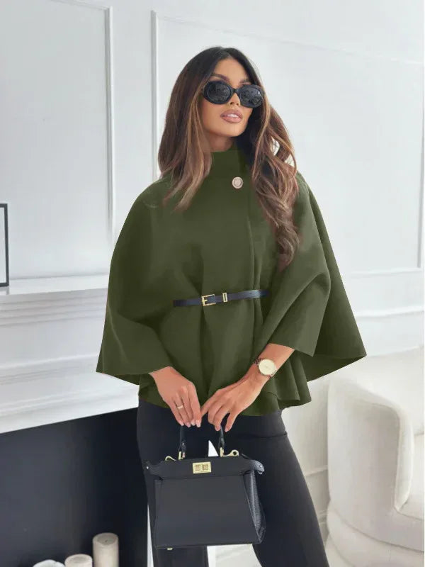 New Stand Collar Batwing Sleeves Cloak Top With Belt Ins Fashion Temperament Jacket Woolen Sweater Outwear For Women Clothing - DanaFashionstore