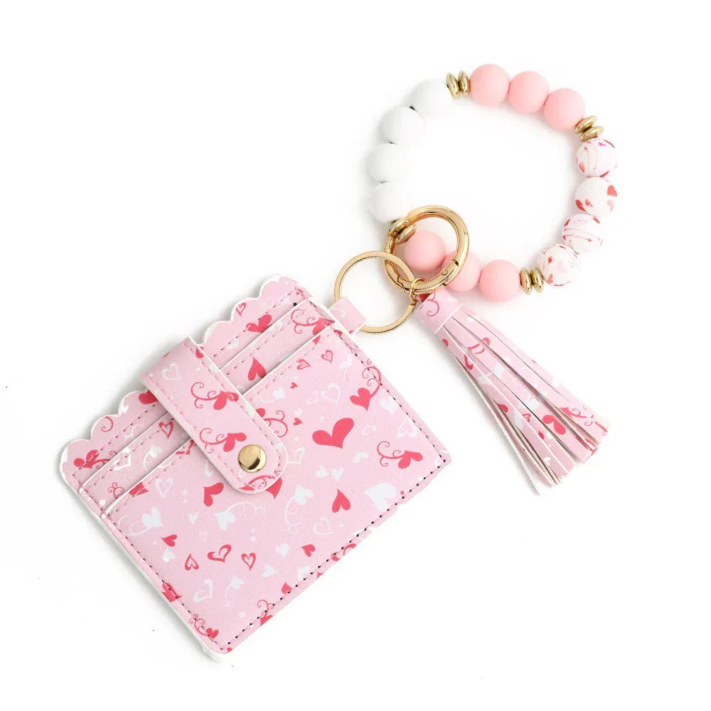 Love Polyurethane Card Holder Silica Gel Key Chain European And American Printed Silicone Beads Bracelet Women's Wallet - DanaFashionstore