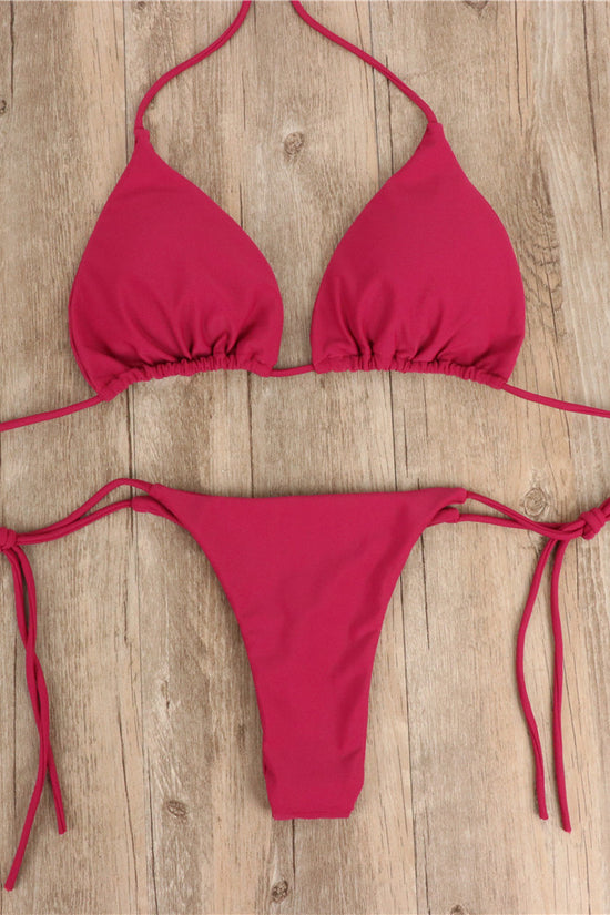 2pcs Halterneck Lace-up Bikini Women Summer Solid Color Sexy Split Strap Adjustable Swimsuit Suit