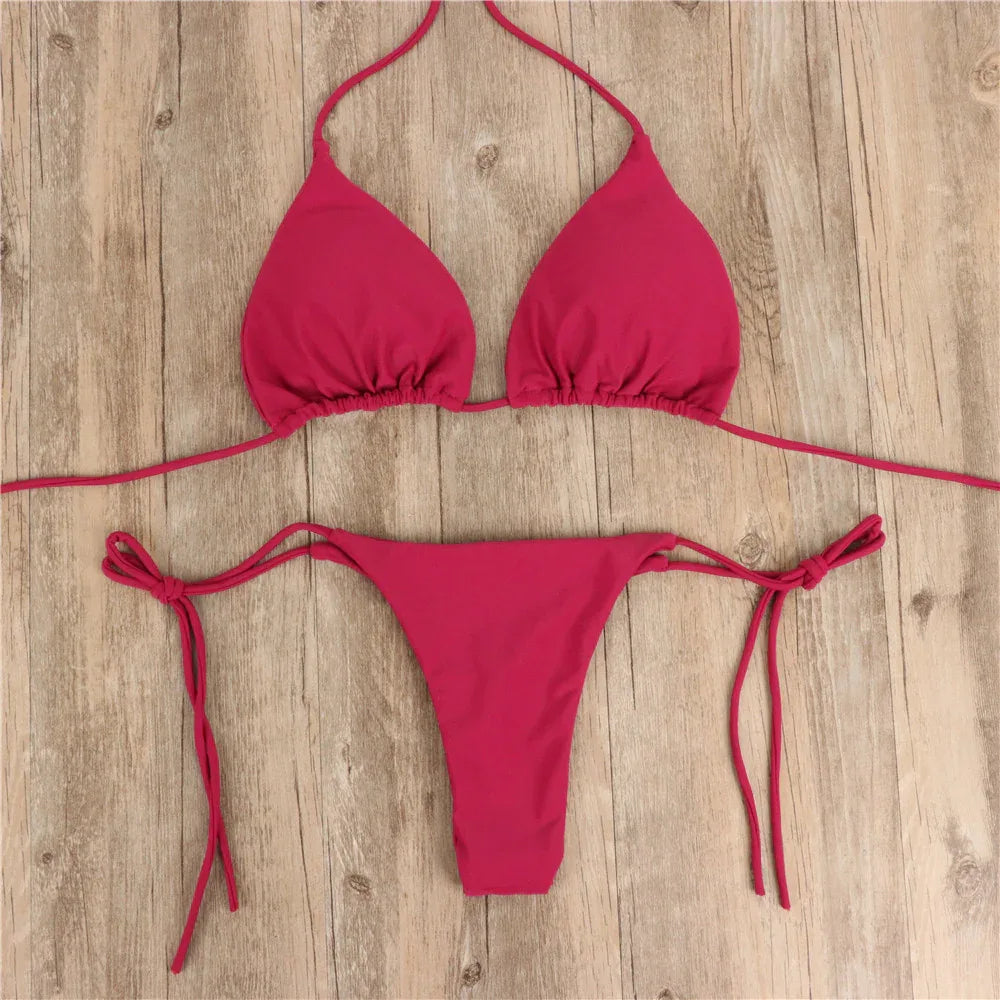 2pcs Halterneck Lace-up Bikini Women Summer Solid Color Sexy Split Strap Adjustable Swimsuit Suit - DanaFashionstore