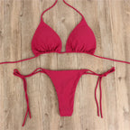 2pcs Halterneck Lace-up Bikini Women Summer Solid Color Sexy Split Strap Adjustable Swimsuit Suit - DanaFashionstore