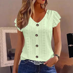 Solid Color Jacquard V-neck Buttons Long Sleeve T-shirt - DanaFashionstore