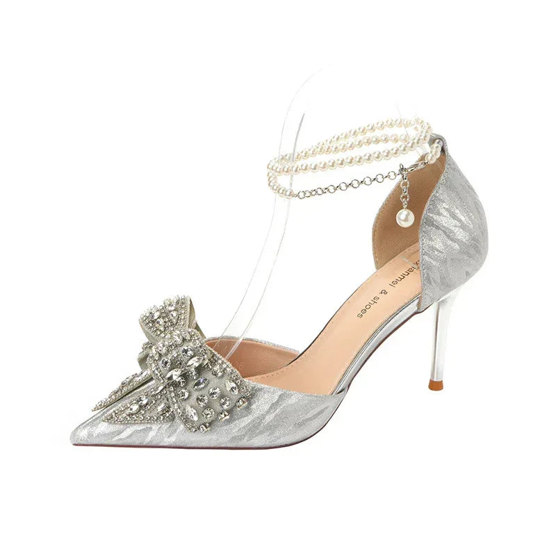 Rhinestone Bow Pointy Hollow Pearl Heels - DanaFashionstore