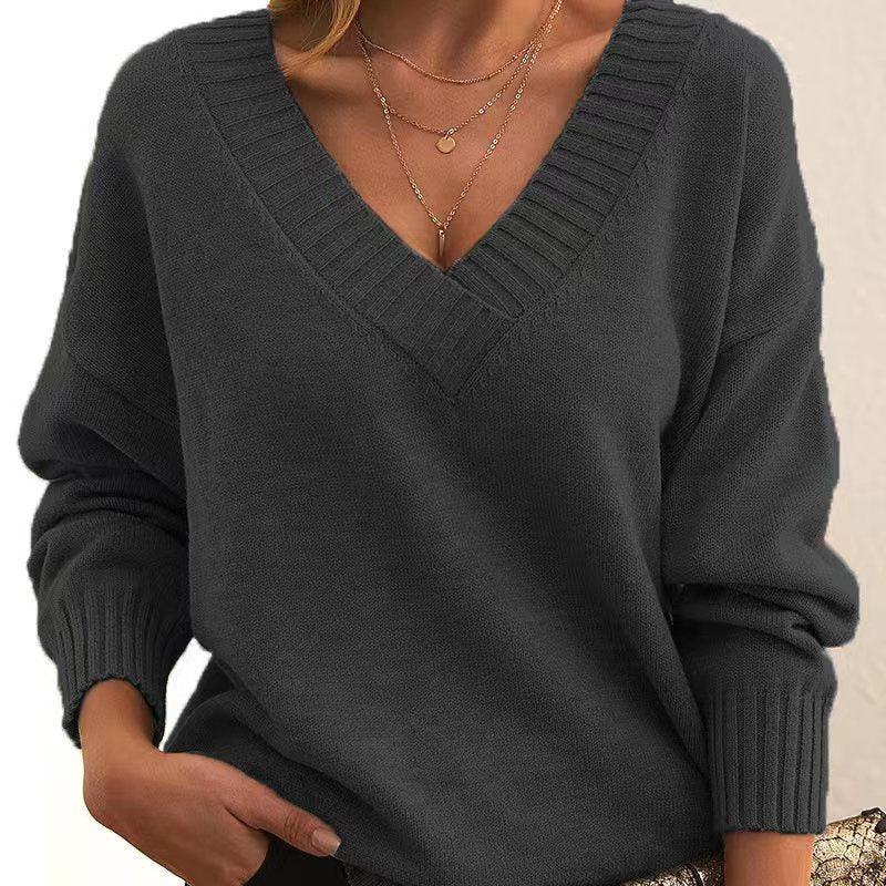 Solid V-neck Sweater Fashion Loose Long-sleeved Knitted Tops Autumn And Winter Women's Clothing - DanaFashionstore