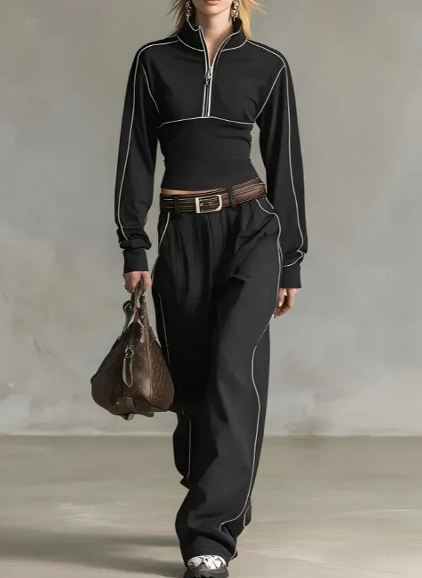 Stand-up Collar Short Zip-up Top Wide-leg Pants Casual Sportswear Set - DanaFashionstore