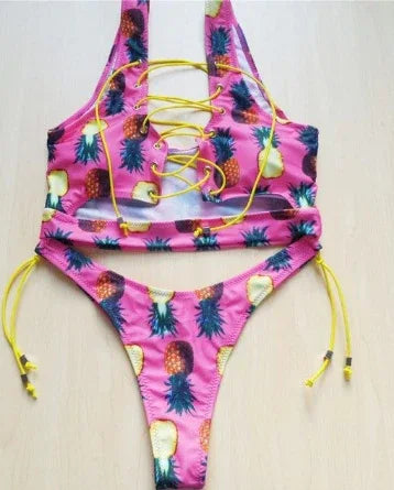 Pineapple Bikini for big boob Women Lace Up Swimwear Thong bikini set two pieces Swimsuit Bathing Suit female - DanaFashionstore