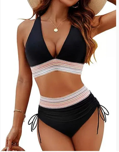 High Waisted Bikini Set With Color Blocking Drawstring Swimsuit - DanaFashionstore