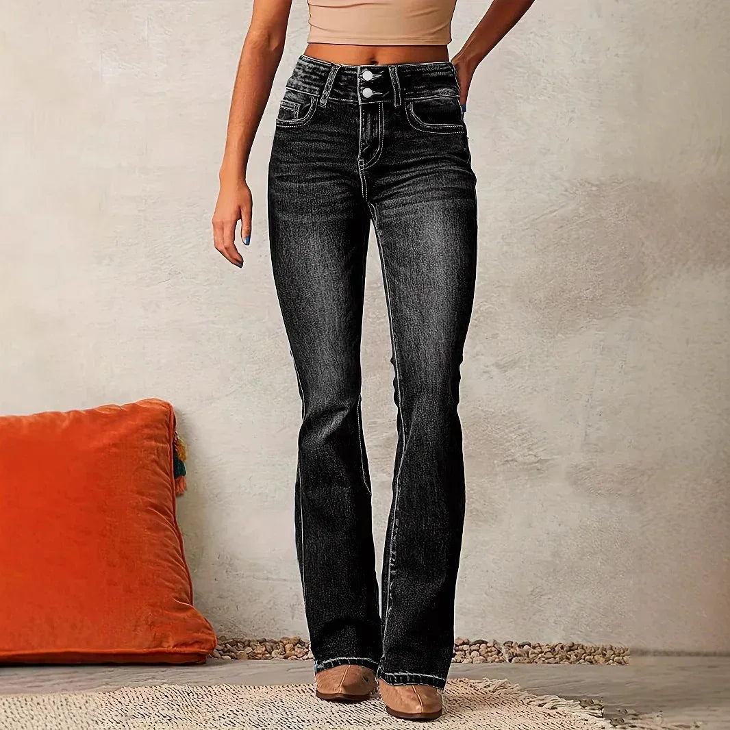 Skinny Flared Jeans With Pockets Fashion Button Zipper Trousers Women's Slim Denim Pants - DanaFashionstore