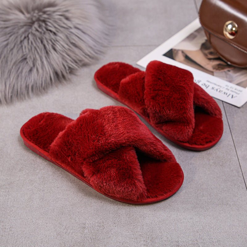 Fashion Cross Plush Casual Rainbow Slippers
