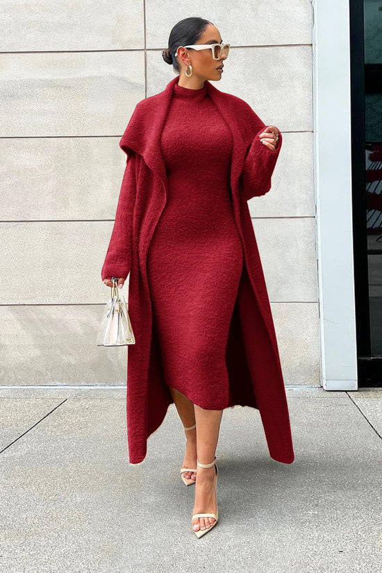 Autumn And Winter Elegant Dress Long Cardigan Velvet Two-piece Suit