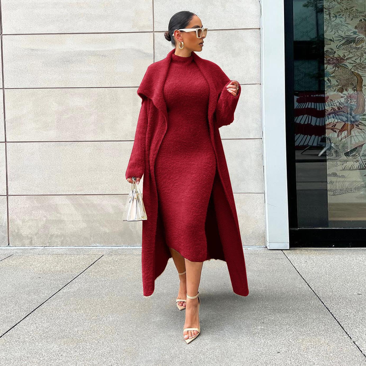 Autumn And Winter Elegant Dress Long Cardigan Velvet Two-piece Suit - DanaFashionstore