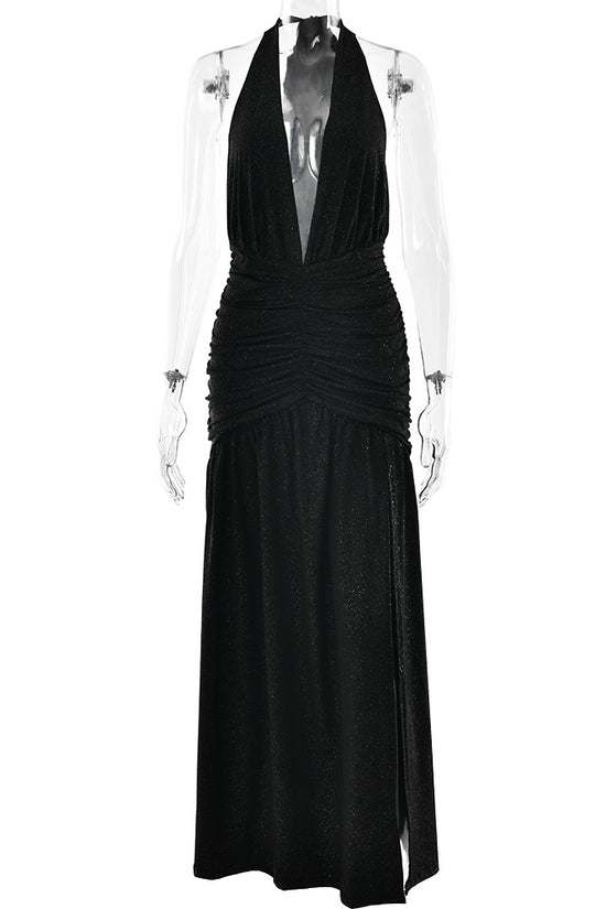 Halter Backless Bright Silk Dress V-neck