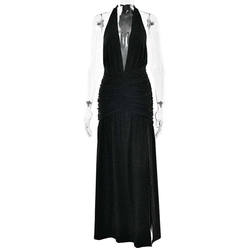 Halter Backless Silk Dress 2026 - V-Neck Bright Party Dress - DanaFashionstore