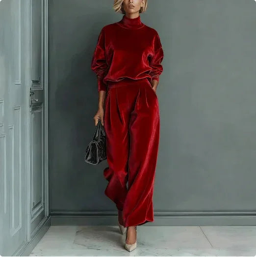 Casual Warm Velour Long-sleeved Solid Color High-neck Zipper Wide-leg Sportswear - DanaFashionstore
