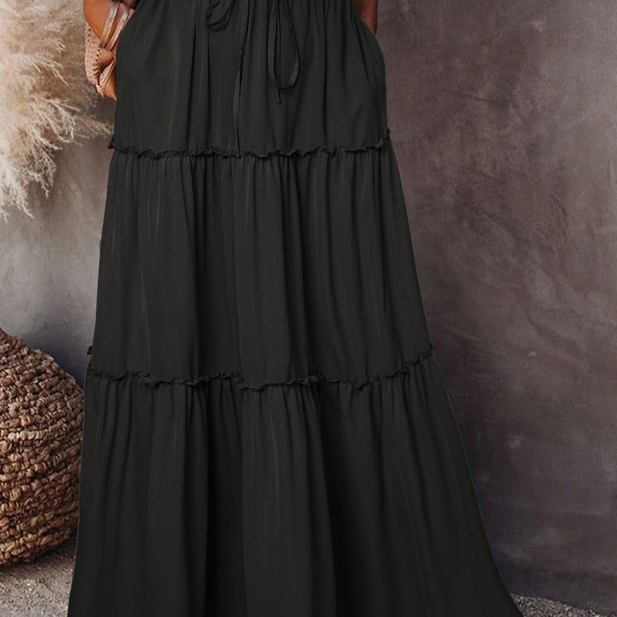 Women's Layered High Waist Elastic Lace-up Skirt With Wooden Ears