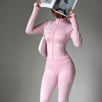 Stand Collar Long-sleeve Zipper Jacket High Waist Pocket Wide Leg Pants Suit