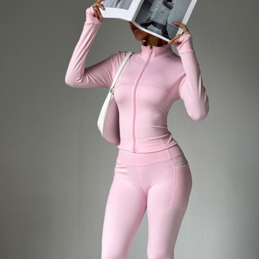 Stand Collar Long-sleeve Zipper Jacket High Waist Pocket Wide Leg Pants Suit