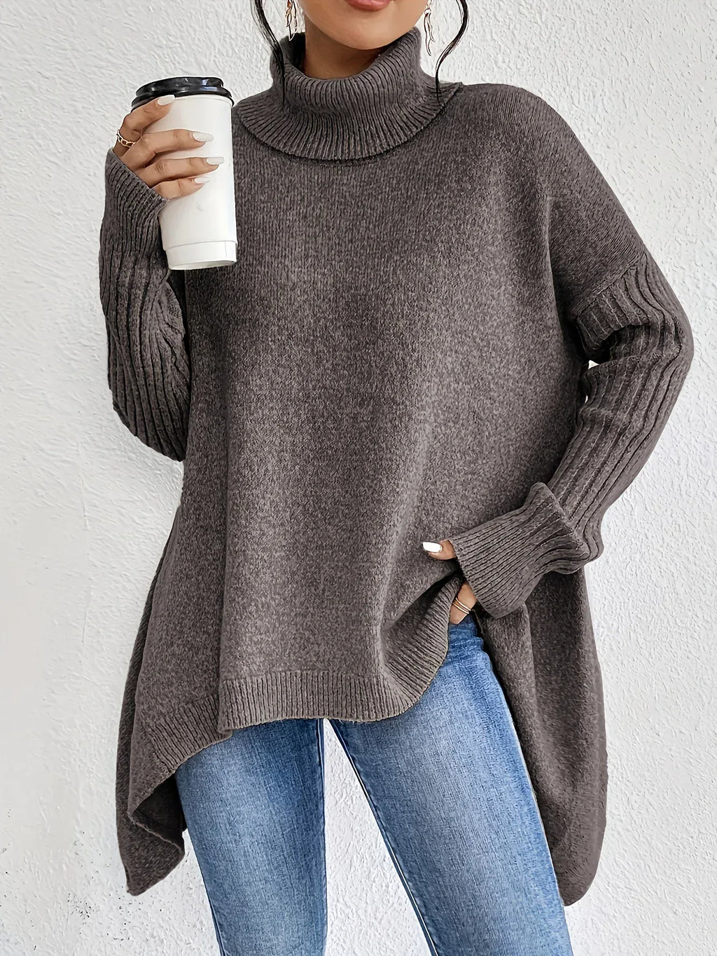 Irregular Turtleneck Sweater Winter Loose Long Sleeve Knitted Tops Leisure Warm Pullover Sweater Women's Clothing - DanaFashionstore