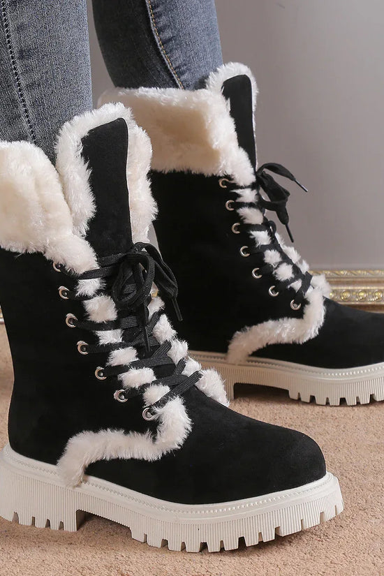 Winter Lace-up Snow Boots For Women Mid-tube Fleece Shoes Warm Chunky Heels Plush Boot - DanaFashionstore