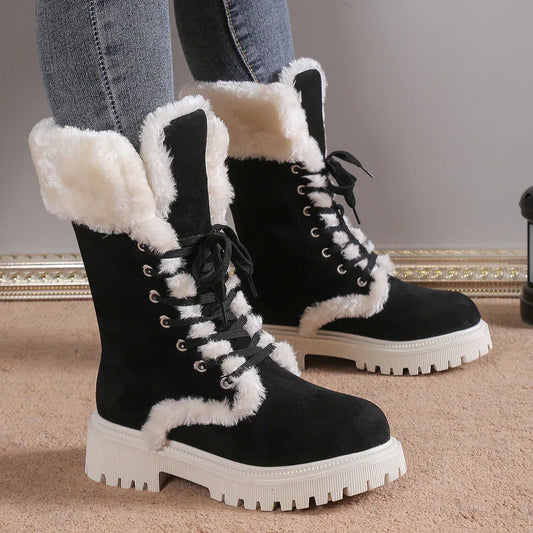 Winter Lace-up Snow Boots For Women Mid-tube Fleece Shoes Warm Chunky Heels Plush Boot - DanaFashionstore