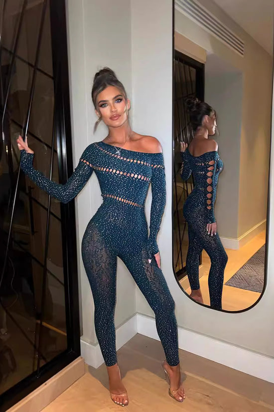 Tight Long-sleeved Rhinestone Jumpsuit