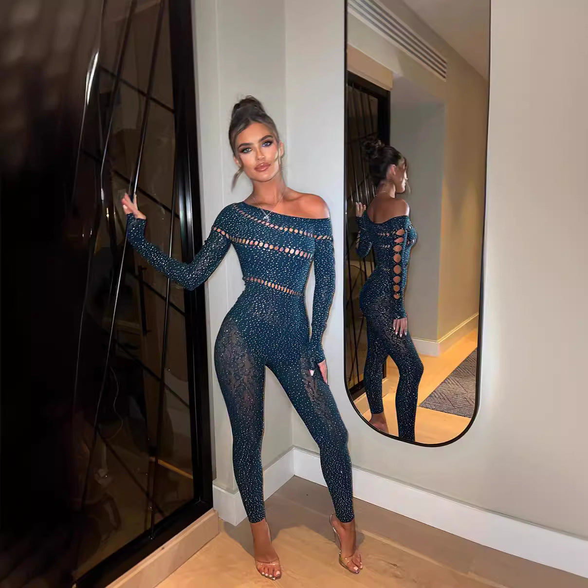 Tight Long-sleeved Rhinestone Jumpsuit