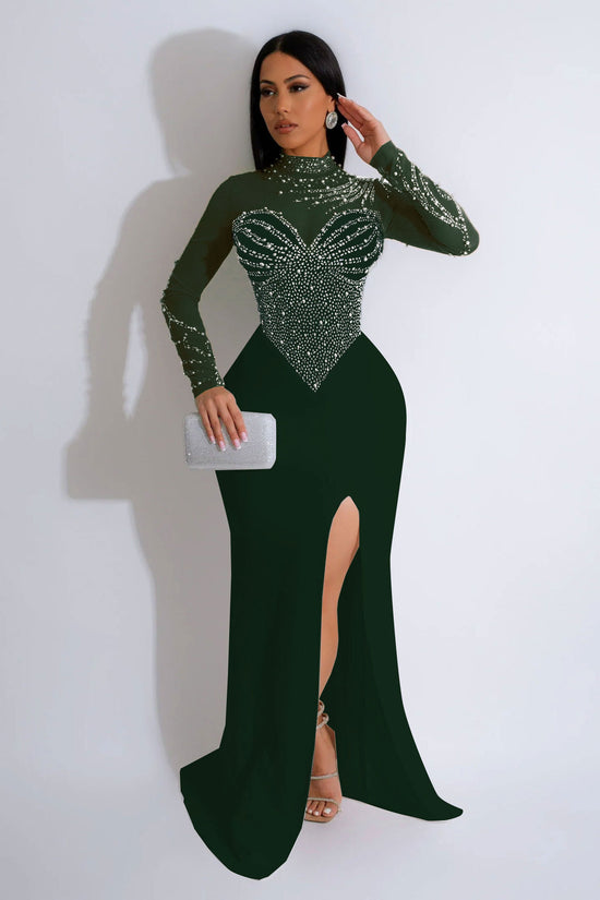 Women's Rhinestone Pearl See-through Waist-tight Stretch Split Dress