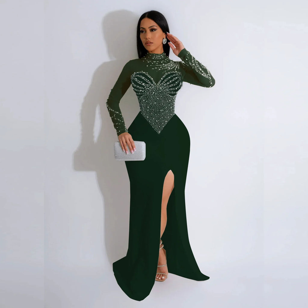 Rhinestone Pearl See-Through Dress 2026 - Waist-Tight Split Dress - DanaFashionstore