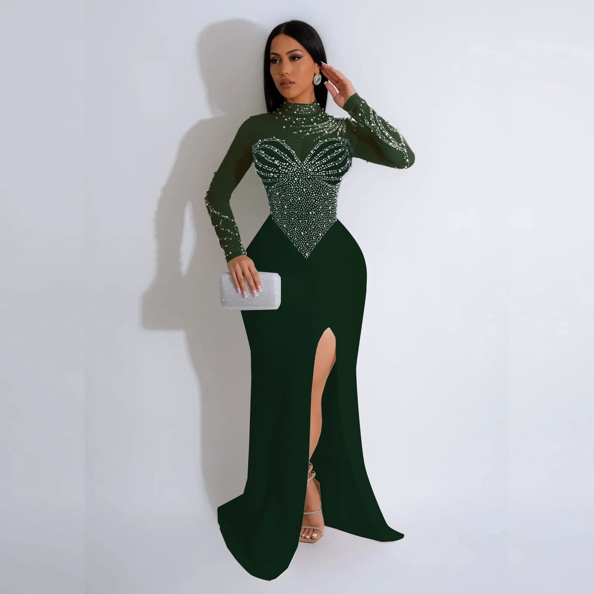Rhinestone Pearl See-Through Dress 2026 - Waist-Tight Split Dress - DanaFashionstore