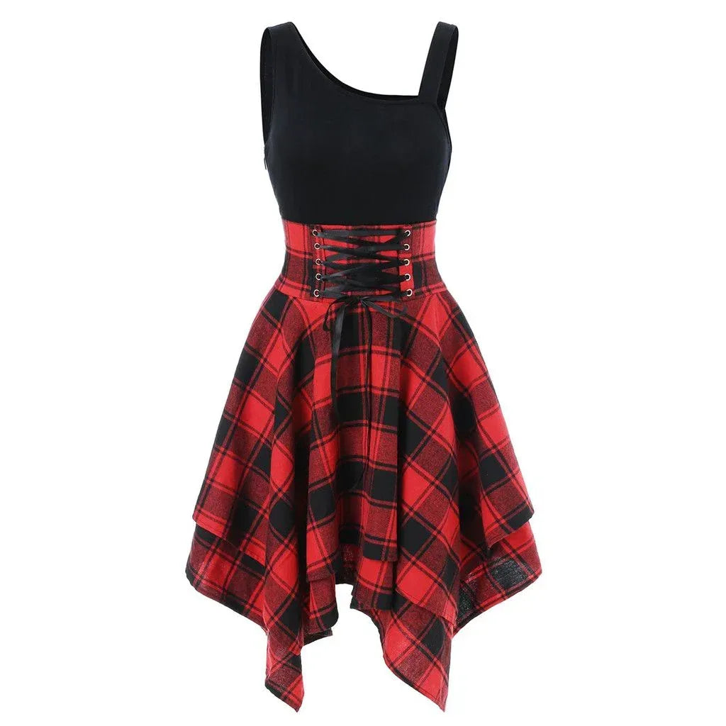Fashion Plaid Suspender Elastic Waist Irregular Plaid Dress - DanaFashionstore